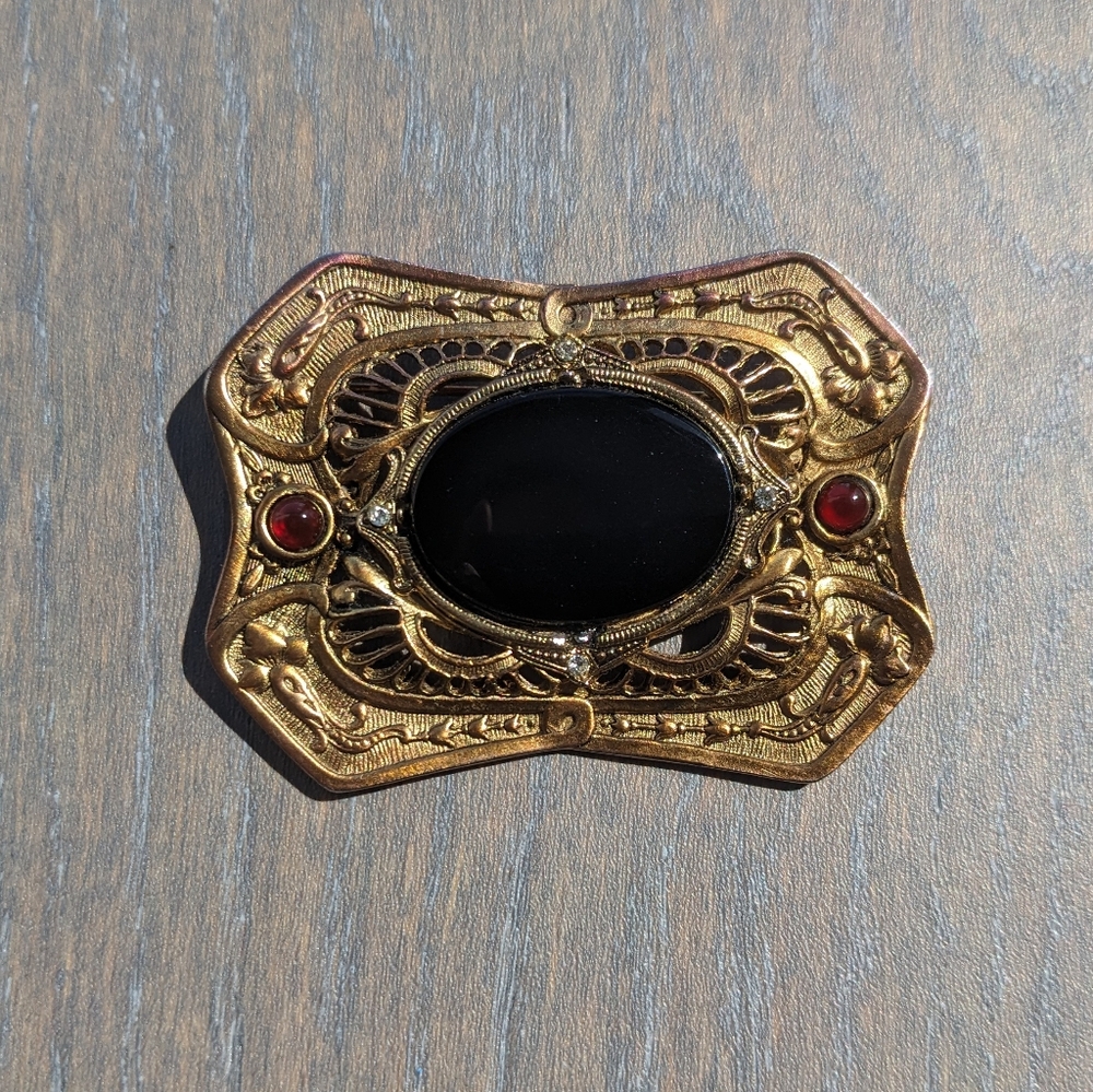 Vintage Antique Lazuli Brand Onyx & Carnelian Large 2.5” Brooch Pin